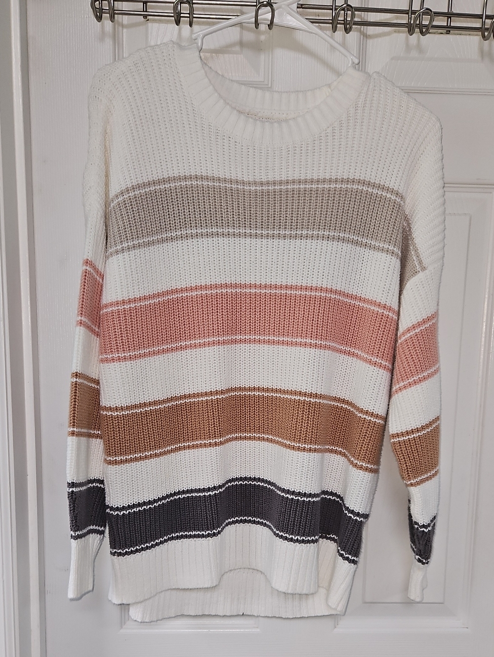 Hollister Cream Striped Crewneck Sweater with Pink, Brown and Gray Bands